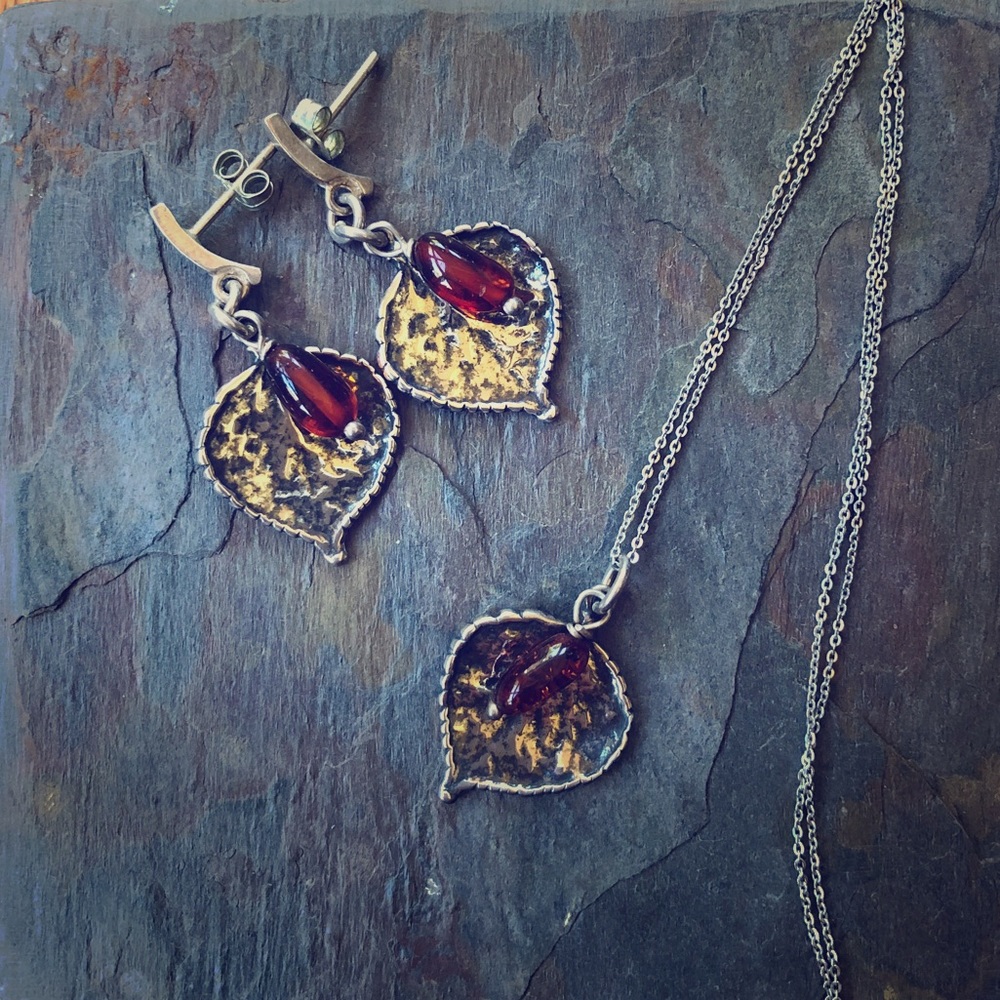 Artisan sterling and amber necklace & earring set!